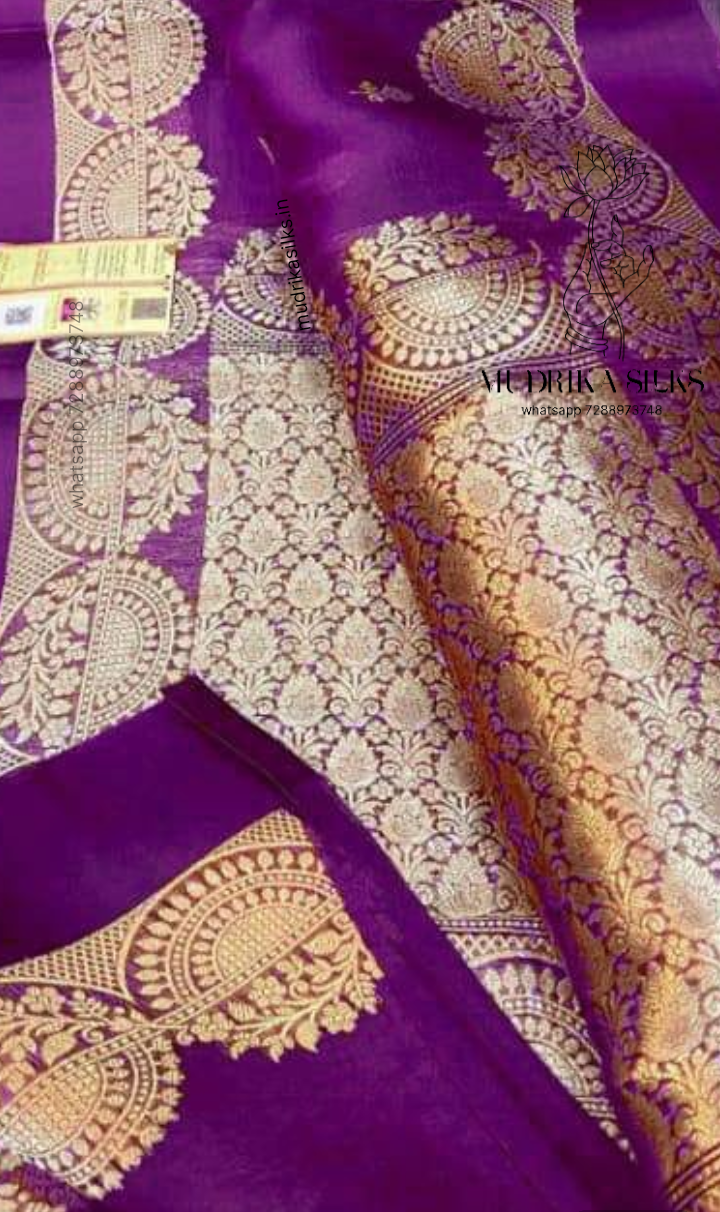 Purple benaras kora organza saree with double zari weaving design