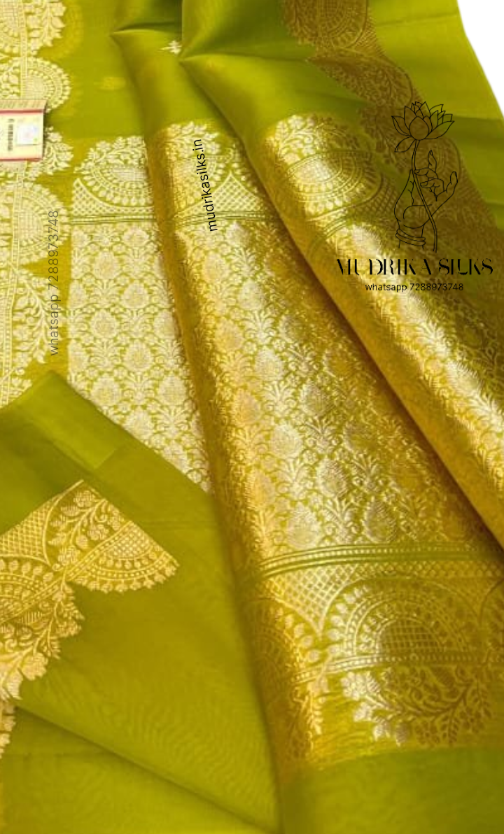 green benaras kora organza saree with double zari weaving design