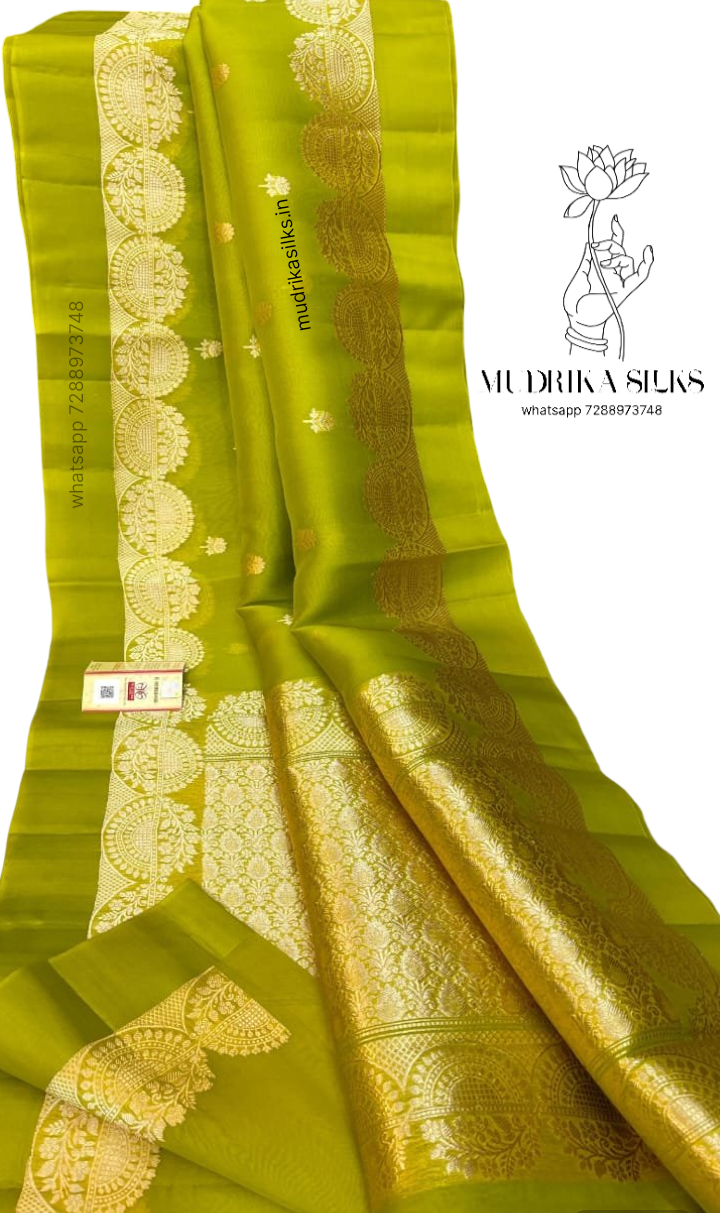 green benaras kora organza saree with double zari weaving design