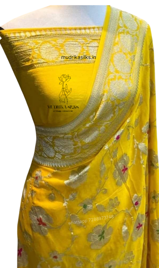 Lemon yellow benaras georgette saree with double zari weaving Meena design