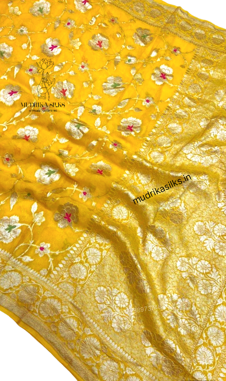 Lemon yellow benaras georgette saree with double zari weaving Meena design