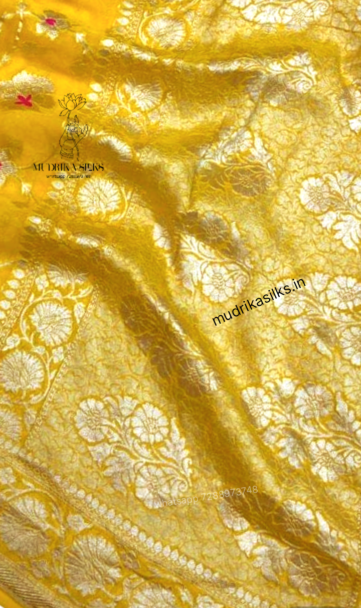 Lemon yellow benaras georgette saree with double zari weaving Meena design