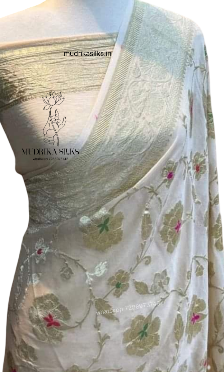 White benaras georgette saree with floral design