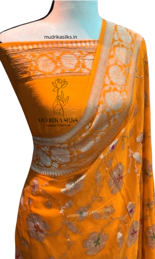Orange benaras georgette saree with double zari weaving design