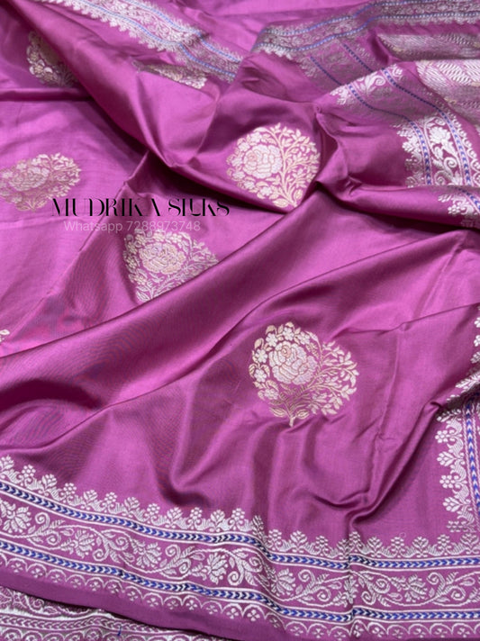 Rose pink pure benarasi silk saree with silver zari border