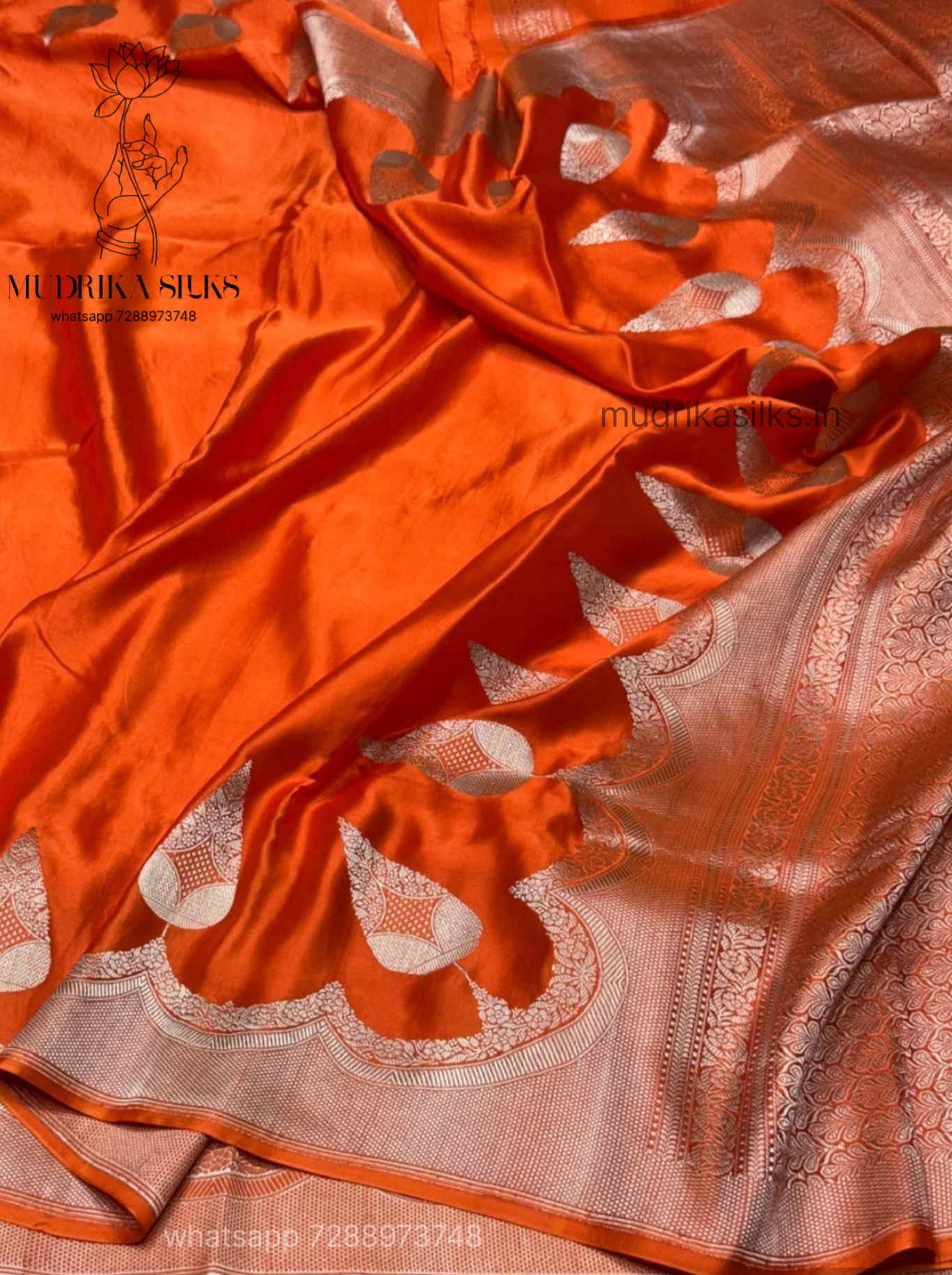 Benaras orange satin silk saree with intricate zari weaving