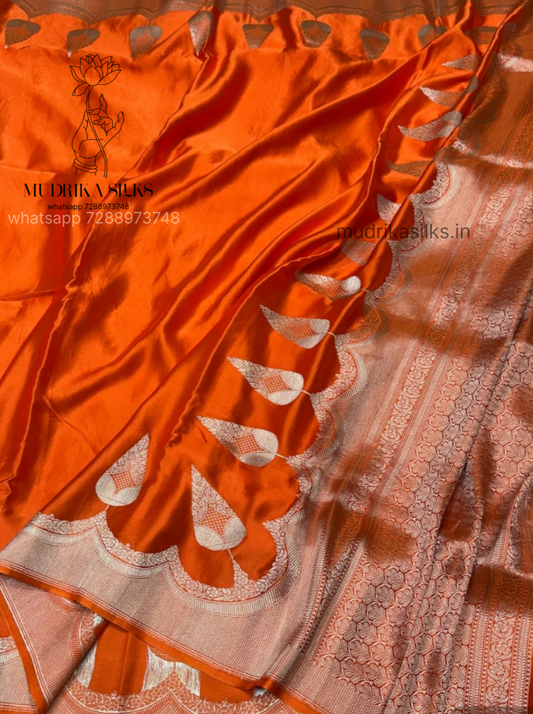 Benaras orange satin silk saree with intricate zari weaving