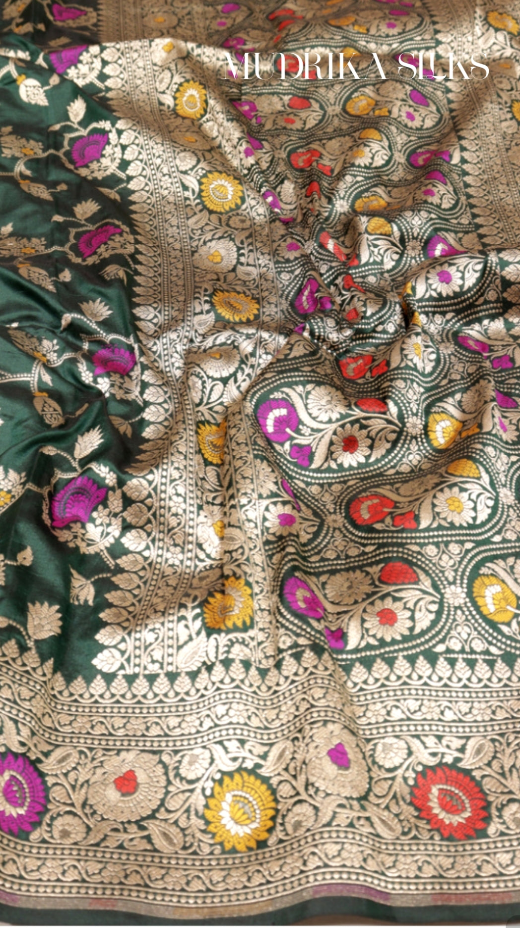 Bottle green benarasi silk saree with allover design