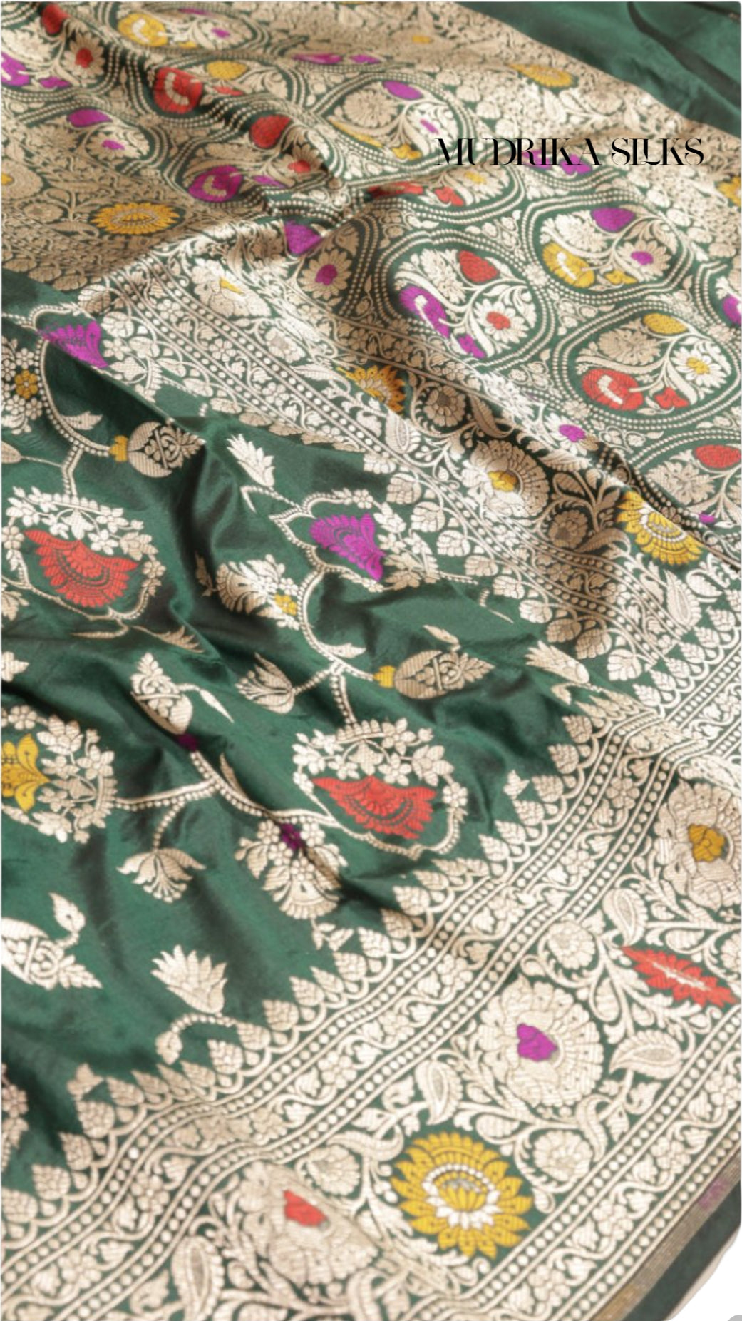 Bottle green benarasi silk saree with allover design