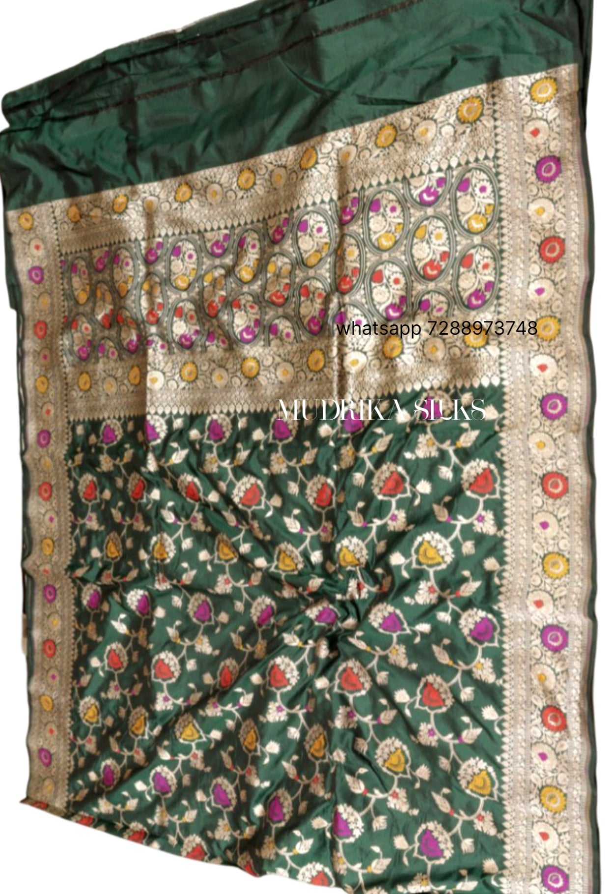 Bottle green benarasi silk saree with allover design