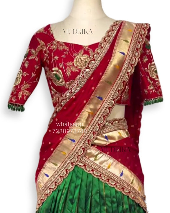 Green paithani lehenga with red blouse