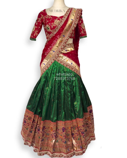 Green paithani lehenga with red blouse