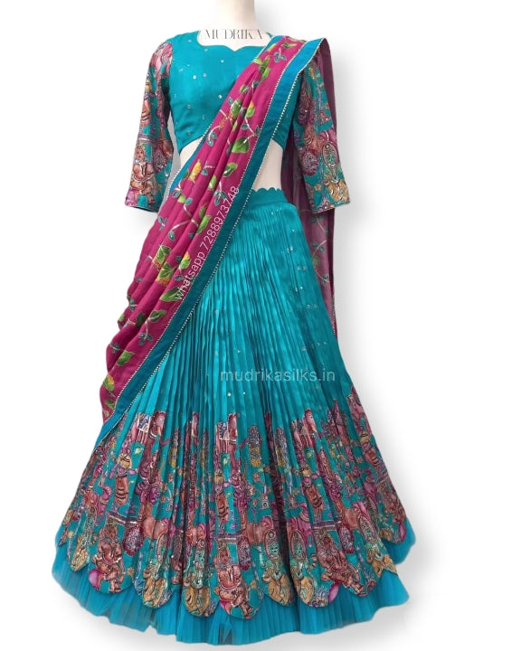 Sky blue lehenga with Kalamkari design