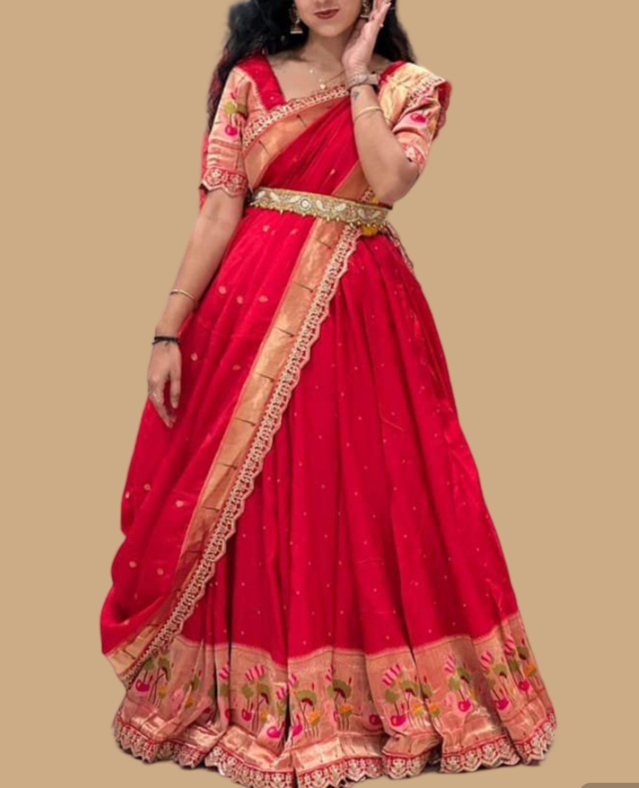 Red lehenga set with paithani border