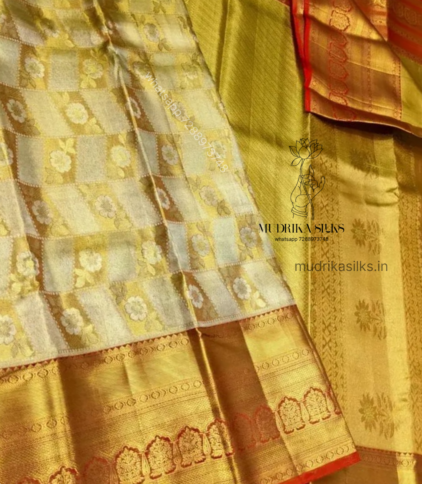 Golden zari weaved saree with orange border