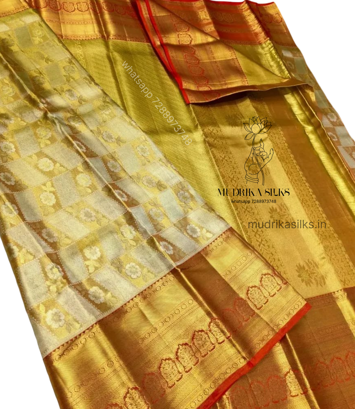 Golden zari weaved saree with orange border