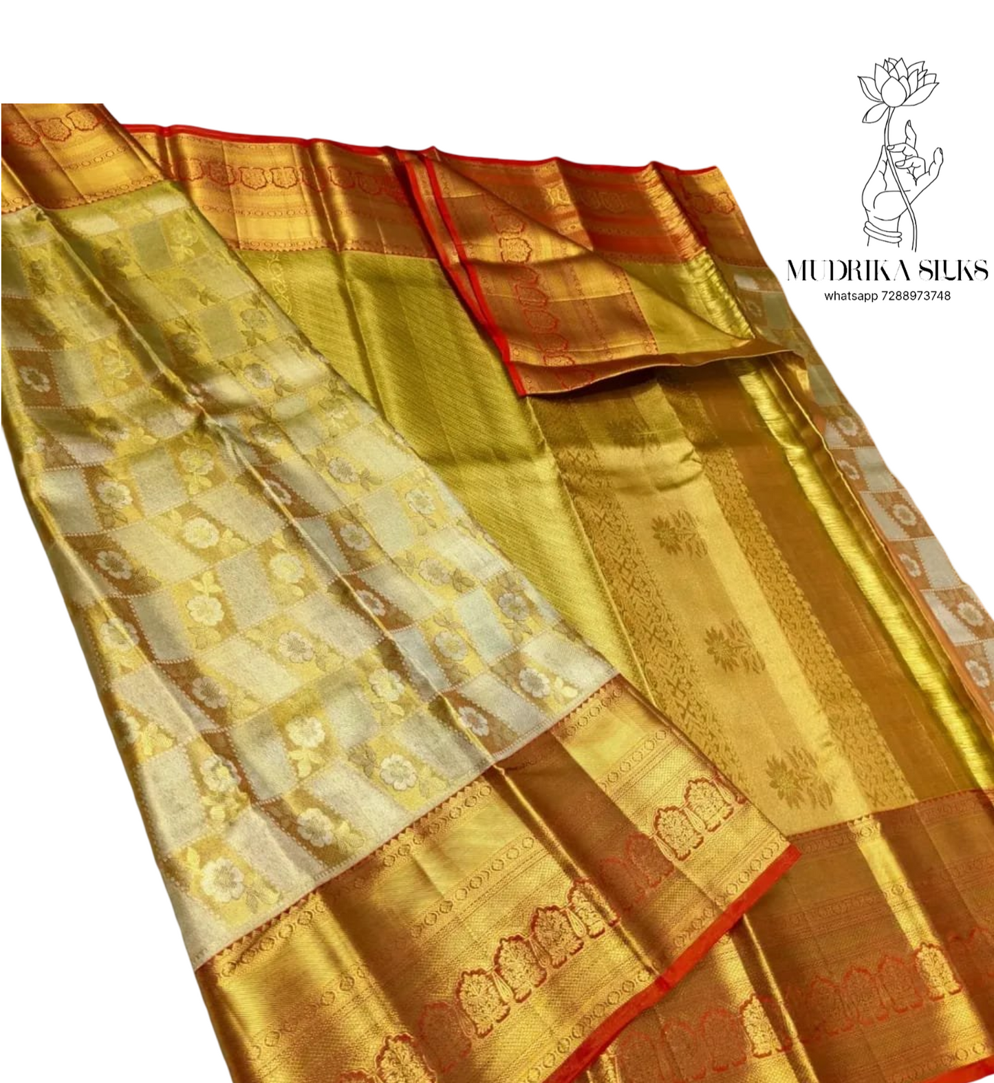Golden zari weaved saree with orange border