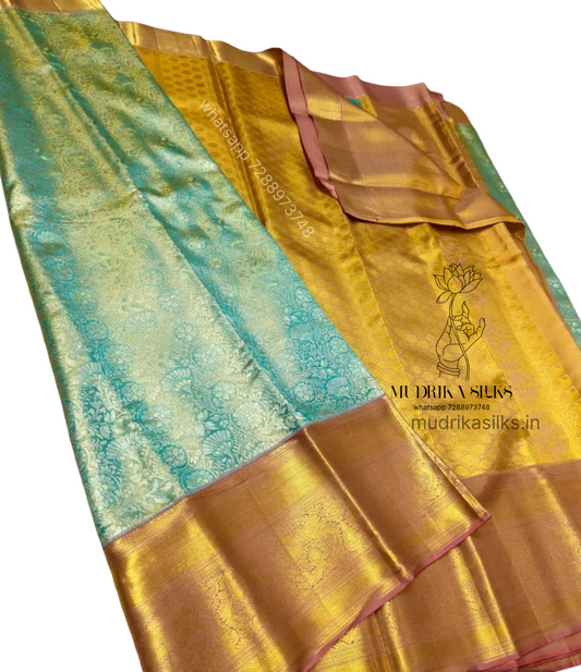 Pastel colour Kanchipattu sarees with beautiful golden zari border