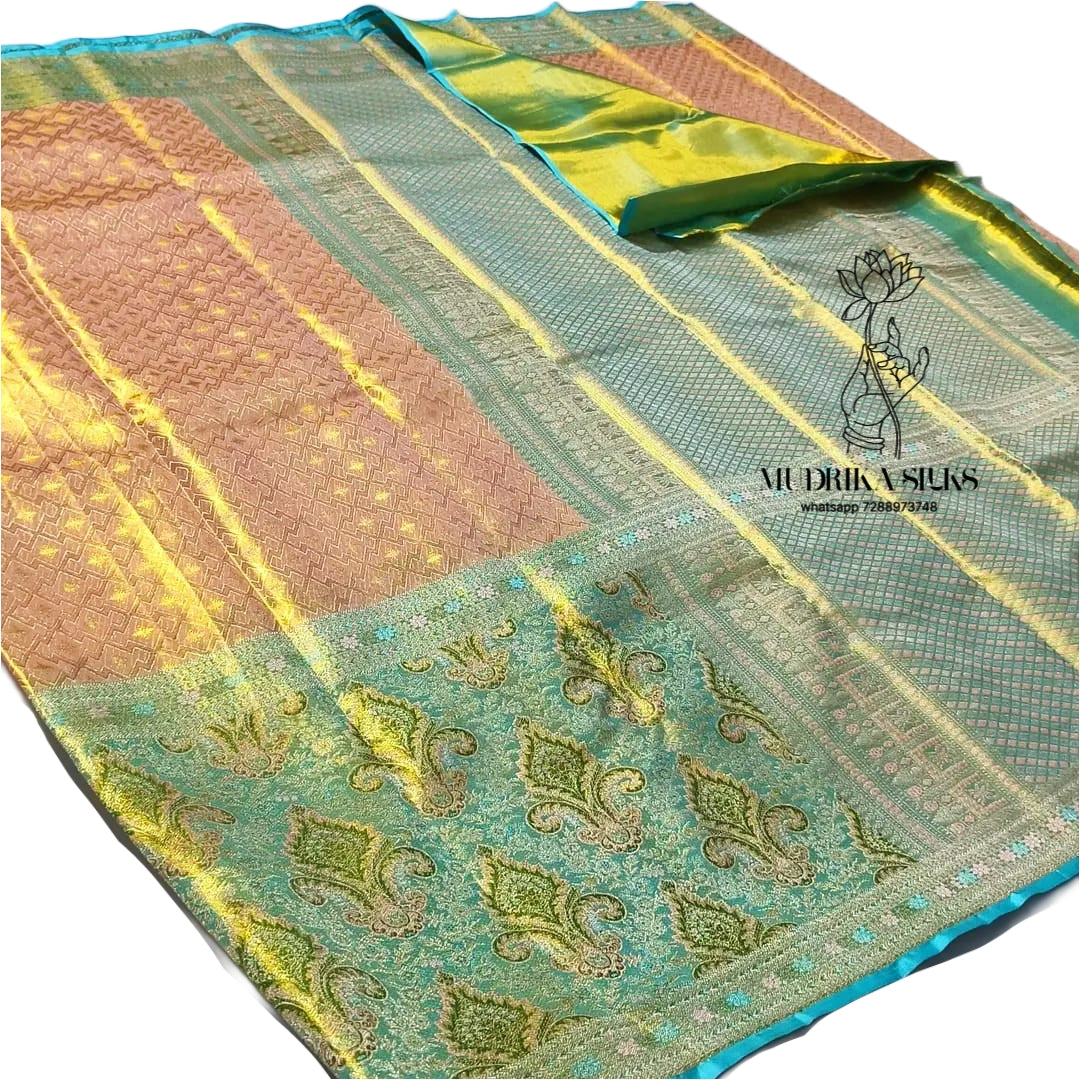 Peach tissue silk saree with aqua blue border