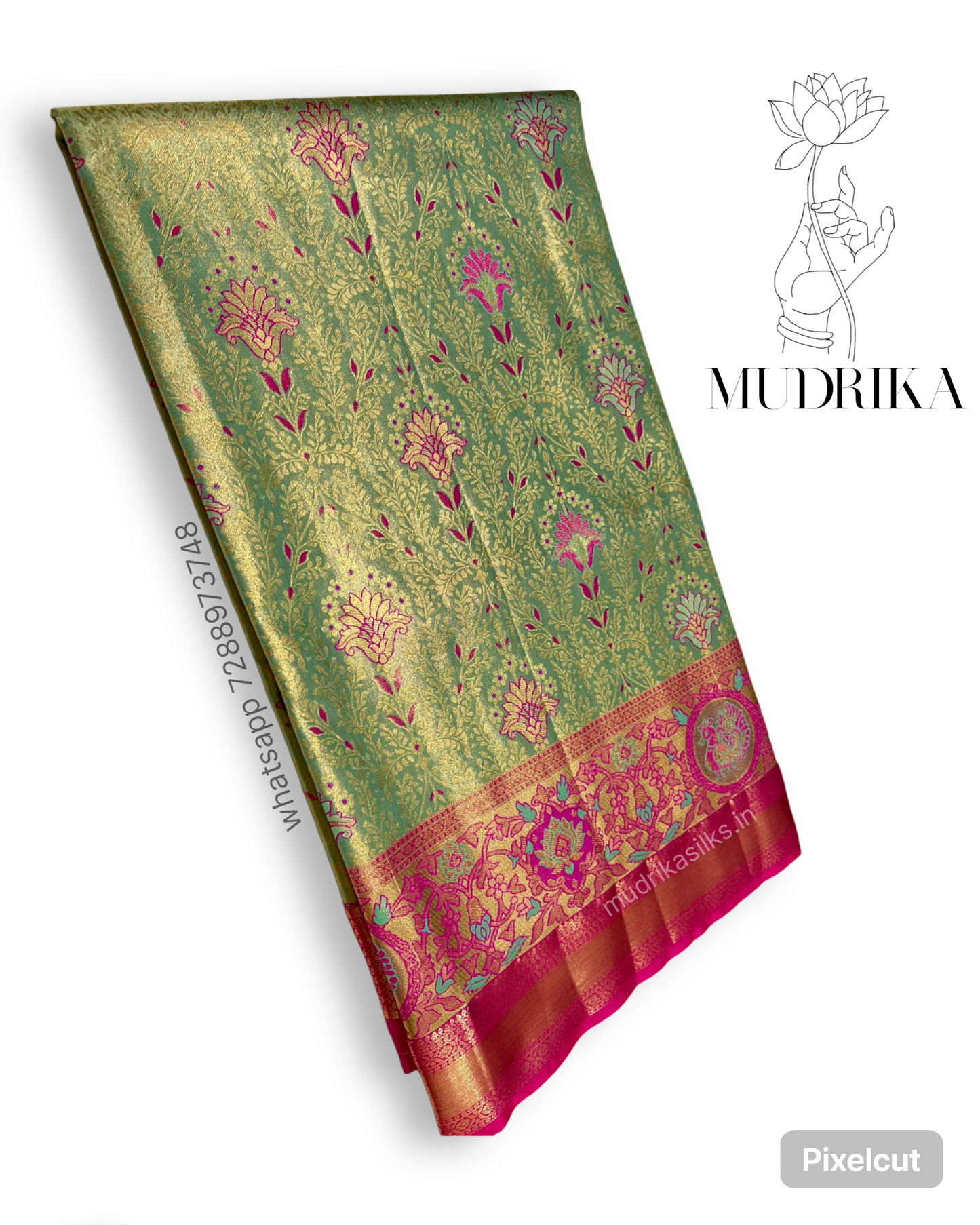 Green Tissue Kanchipattu saree with pink border